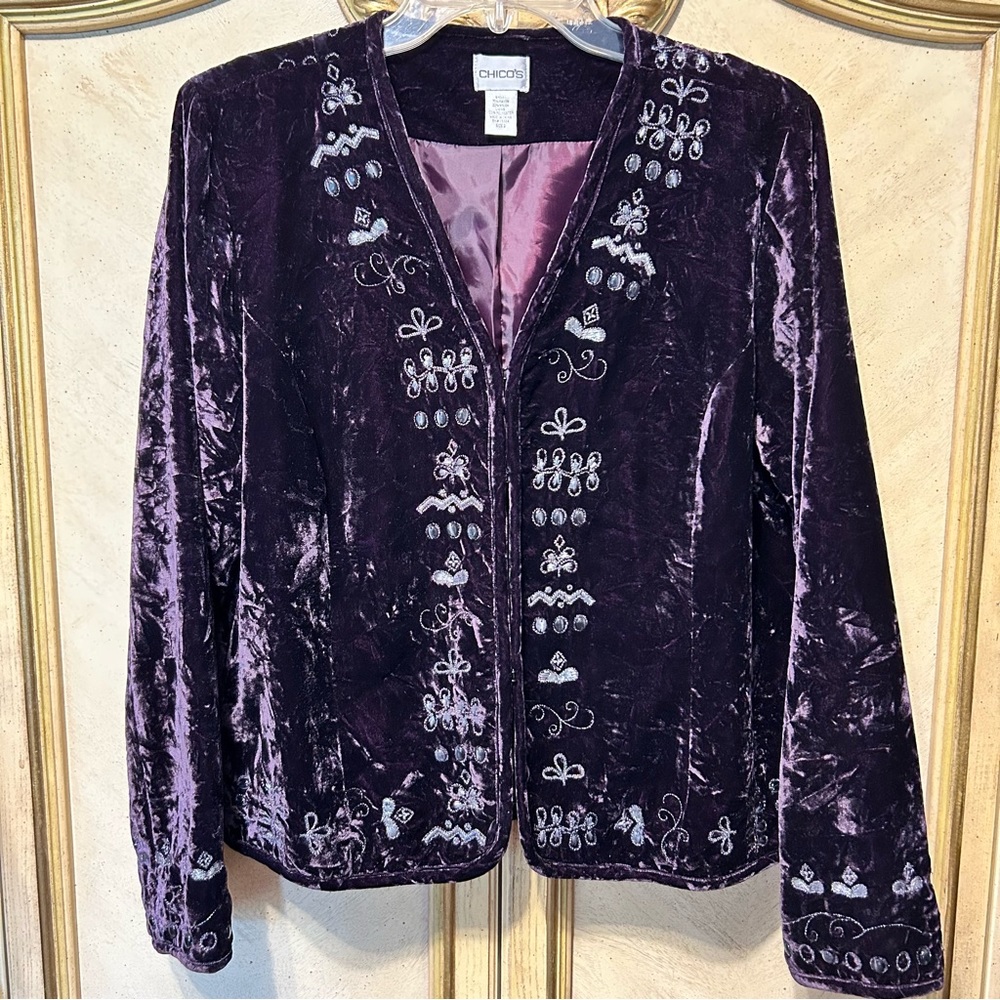 Chico's Purple Velvet Blazer with Embroidered Details